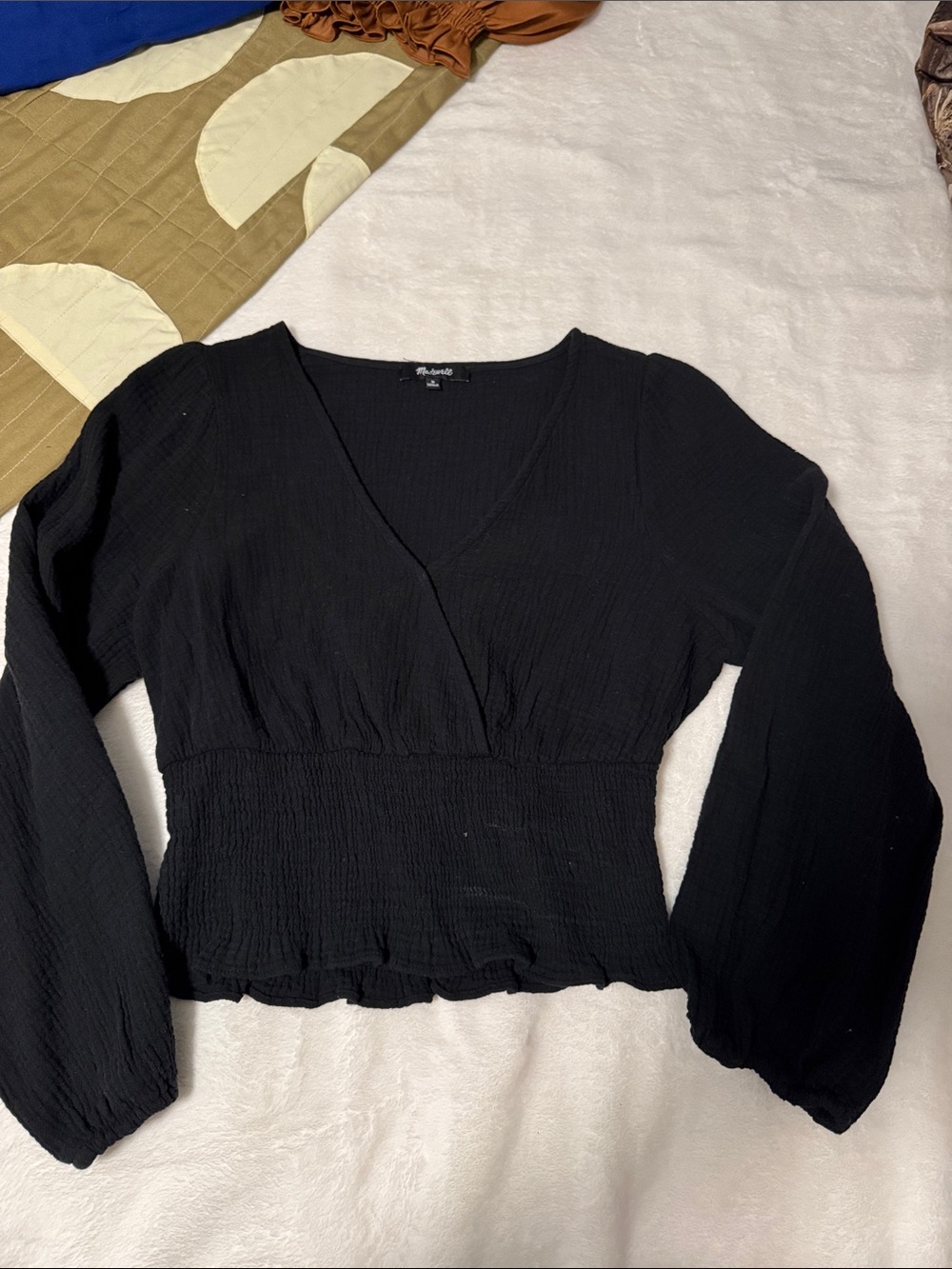 Madewell Black Long-Sleeve V-Neck Smocked Waist Top